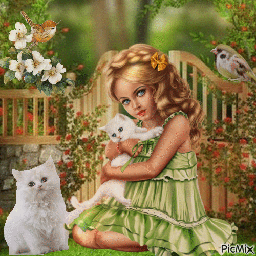 GIRL WITH  HER CATS - Free animated GIF