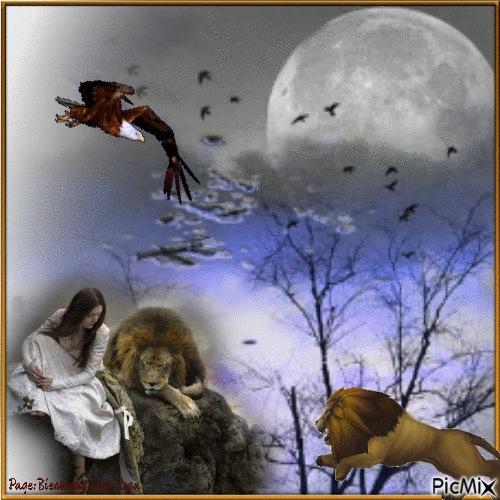 Femme avec son lion au clair de lune - Animovaný GIF zadarmo