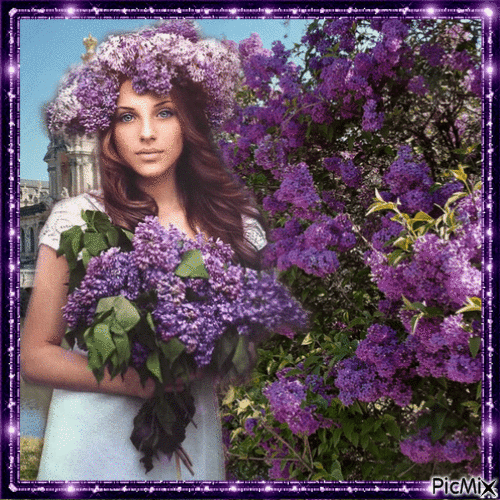 Hübsches Mädchen mit duftendem lila Flieder - GIF animé gratuit
