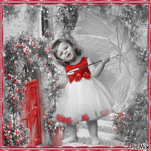 Petite fille avec sa belle robe en gris, blanc et rouge - GIF animé gratuit