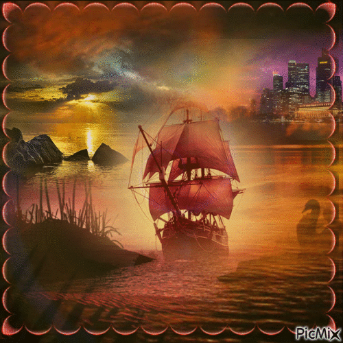 Navire avec des voile rouge dans un coucher de soleil - GIF animé gratuit