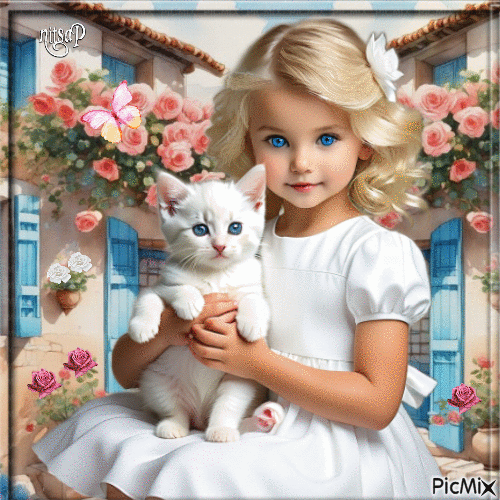 Little girl with white cat - GIF animado grátis