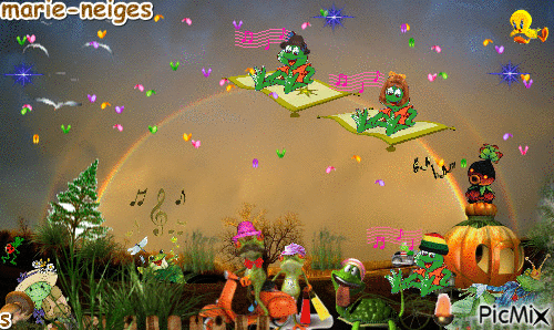 une pluie de papillons au royaume des grenouilles et des tortue - GIF animate gratis