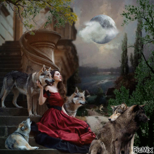 Woman with Wolves - Free animated GIF