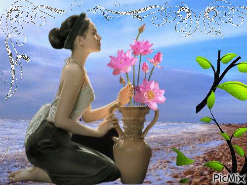 Vrouw met vaas en bloemen glitters en bladeren - GIF animé gratuit