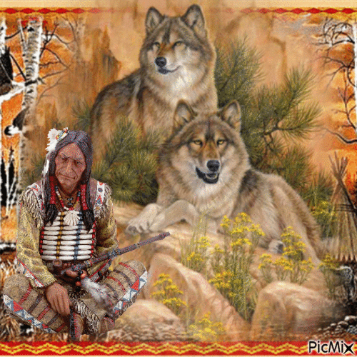 Native Shaman with wolves - GIF animé gratuit