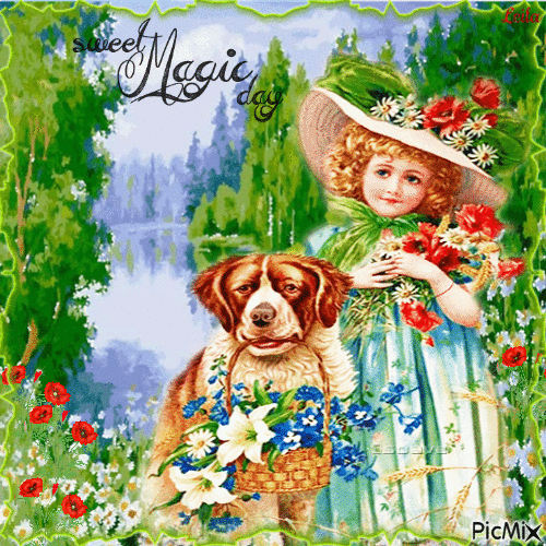 Sweet Magic Day. Girl and dog - GIF animado grátis