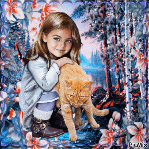 Fille et Chat - Free animated GIF