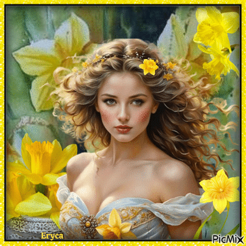 La belle et ses fleurs jaunes - GIF animado gratis