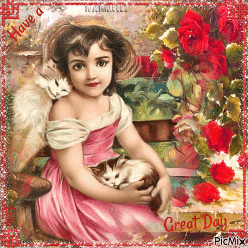 Have a Great Day. Girl, cats in a rose garden - Free animated GIF
