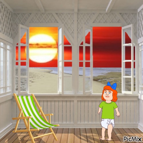 Redhead baby girl and sunset beach view - Free PNG