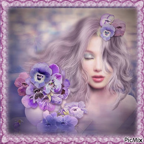 Fille avec des fleurs violettes - фрее пнг