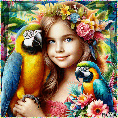 Child and parrot - GIF animé gratuit