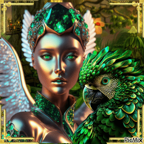 Femme et perroquet/fantasy vert et or - GIF animé gratuit