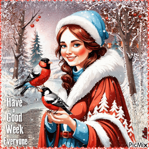 Have a Good Week Everyone. Winter, girl, birds - Бесплатни анимирани ГИФ