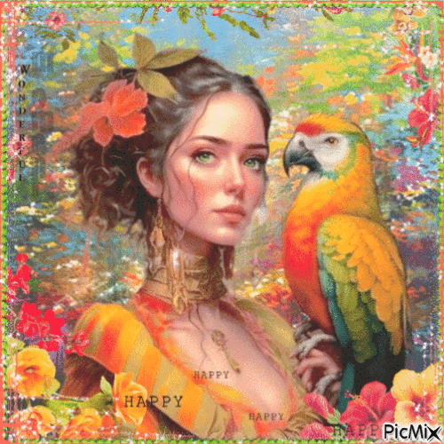 Tropical Summer Woman and a Parrot - GIF เคลื่อนไหวฟรี