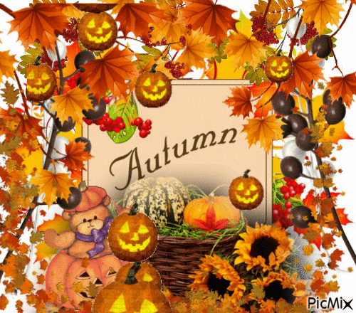 AUTUMN SCENE, WITH LEAVES BLOWING, BERRIES AND PUMPKINS AND JACK-O-LANTERNS FLOATING. - Gratis animerad GIF