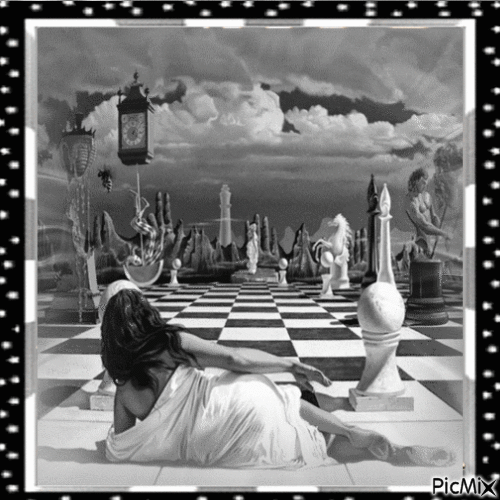 Fantasie Schachspiel in schwarz und weiß - GIF เคลื่อนไหวฟรี