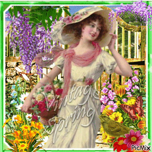 Girl in a hat among flowers - Free animated GIF