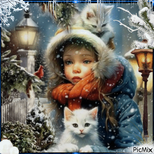 Niña y su gatito en invierno - Безплатен анимиран GIF
