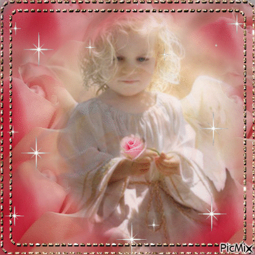 a cute little angel girl with a pink rose the same color of the background, she has a few twinkles on her and her hair and in the background, and a twinkling silver frame. - GIF animasi gratis