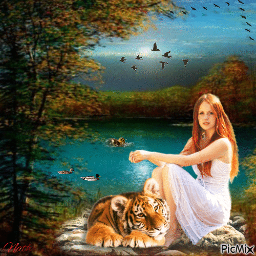 Une belle femme avec un beaux tigre - Δωρεάν κινούμενο GIF