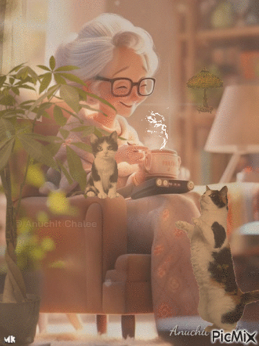 La abuela con los gatos - Бесплатный анимированный гифка