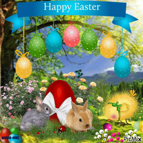 Easter-eggs-bunnies-chick - GIF animé gratuit