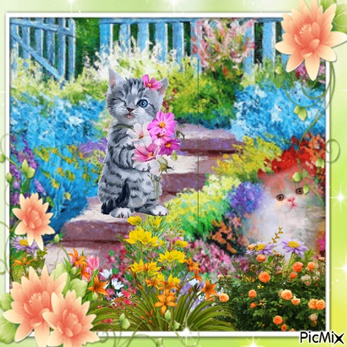 gato con flores - 免费PNG