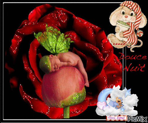dors un bébé au milieu d'une rose - Gratis geanimeerde GIF