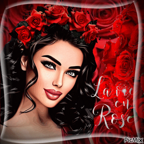 Portrait de femme et roses rouges - Безплатен анимиран GIF