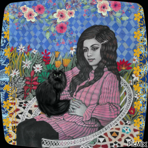 WOMAN  WITH BLACK CAT - Ingyenes animált GIF