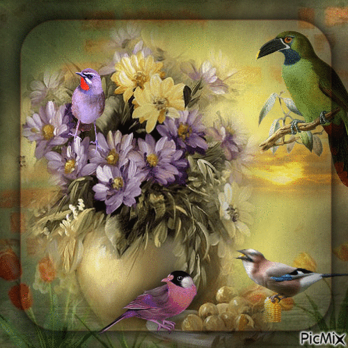 Blumenstrauß und Vögel - Darmowy animowany GIF