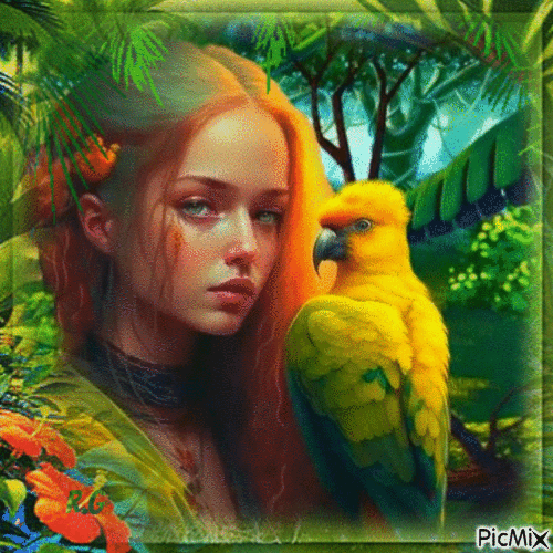 Femme fantasy avec perroquet - Besplatni animirani GIF