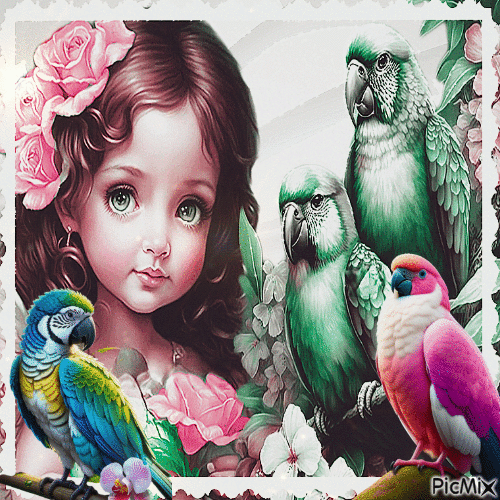 Kleines Mädchen mit Vögeln - Free animated GIF