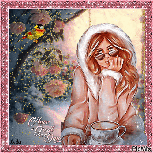 Have a Great Day. Winter garden, roses, hot chocolate - GIF animado grátis
