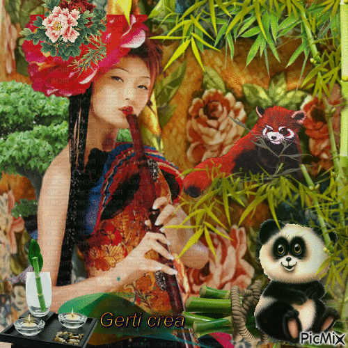 Chinese woman with red panda - Бесплатный анимированный гифка
