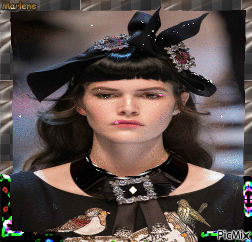 Portrait Girl Flowers Bird Glitter Glamour Hat Black Fashion - GIF animé gratuit