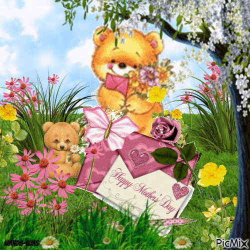 Mother's day-mom-bears-flowers - Bezmaksas animēts GIF
