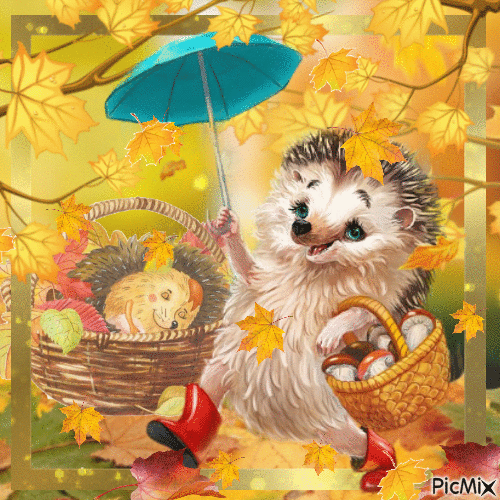 Hérissons en automne avec dees feuilles. - Безплатен анимиран GIF