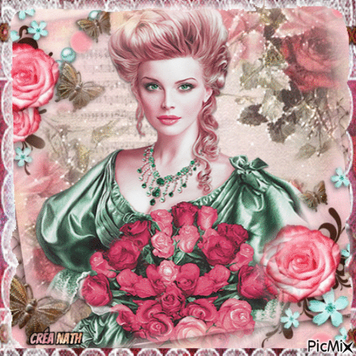 Femme et roses vintage - Бесплатный анимированный гифка