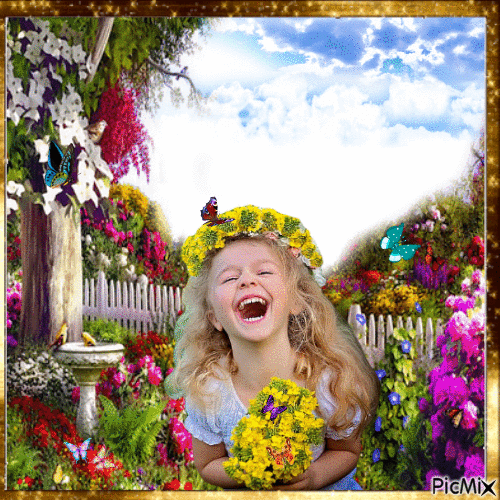 Nina entre flores - GIF animado grátis