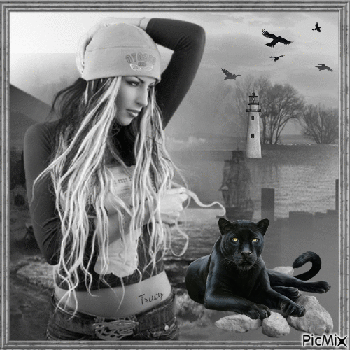 Woman and panthers - Black background - Бесплатни анимирани ГИФ