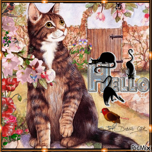 A BIGBROWN STRIPED CAT,SOME SPARKLY FLOWERS, A BIRD FLYING AROUND, ONE ON A BRANCH. THREE BLACK CATS HOLDING SPARKLING HELLO, A HUMMING BIRD AND SPARKLING FLOWERS, IN A GOLD FRAME. - Безплатен анимиран GIF
