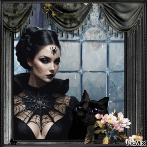 Gothic woman with cat - 免费动画 GIF