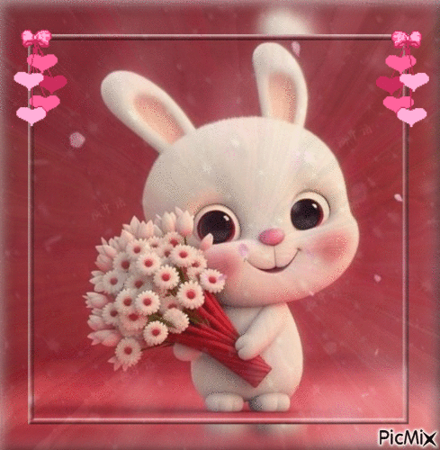lapin avec bouquet de fleurs - Бесплатный анимированный гифка