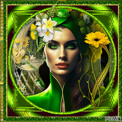 Femme fantaisie en vert et or - Gratis animerad GIF
