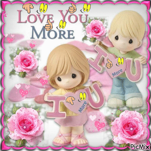 LITTLE BOY AND GIRL CARRYING, PINK ROSES AND SPARKLES, PINK FRAME. HEARTS SAYING LOVE YOU MORE, TEXT SAYING LOVE YOU MORE, EYES AND HANDS POINTING - Gratis geanimeerde GIF