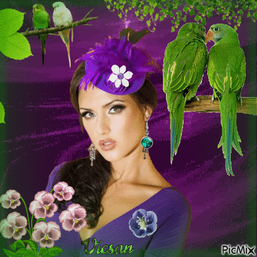 Rostro de mujer con loros - Tonos púrpuras y verdes - GIF animé gratuit