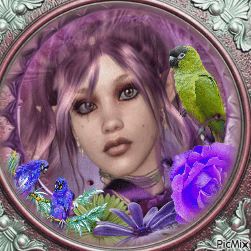 Visage de femme avec perroquets - Tons violets et verts - Free animated GIF